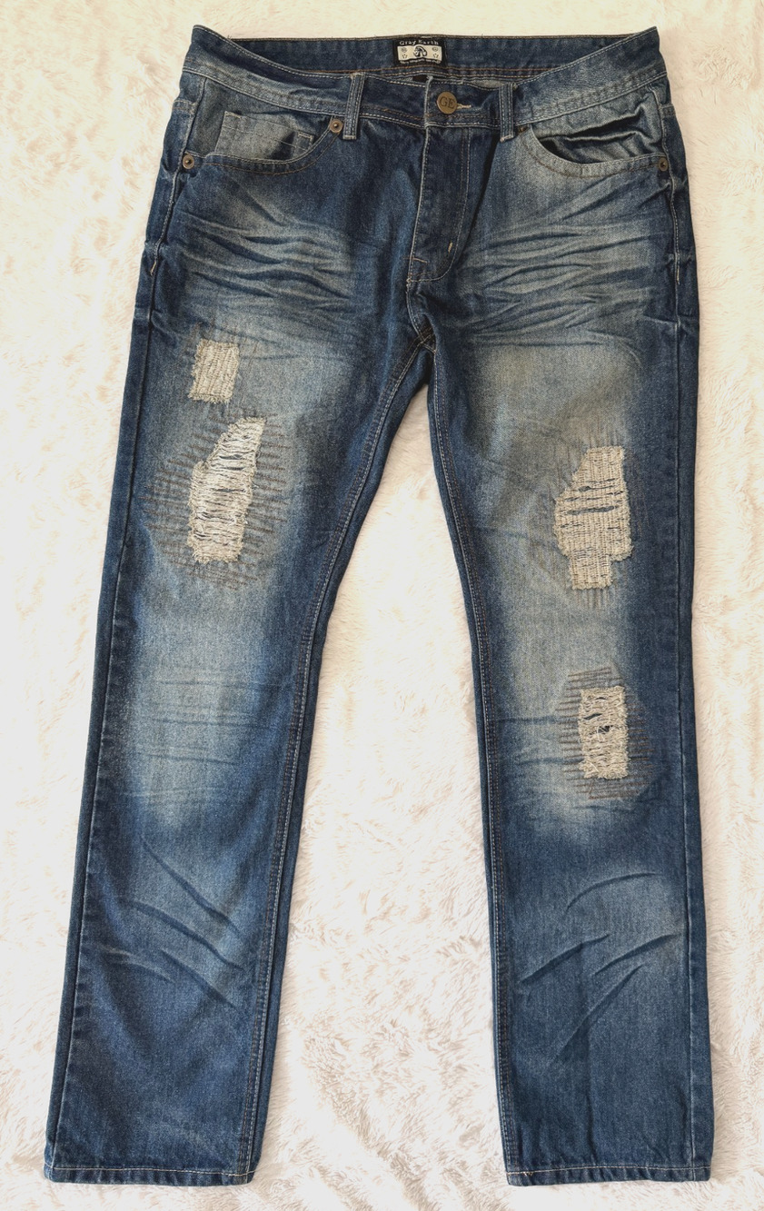 Gray Earth Mens Size 36 Distressed Denim Jeans Blue Acid Wash Straight Fit Y2K